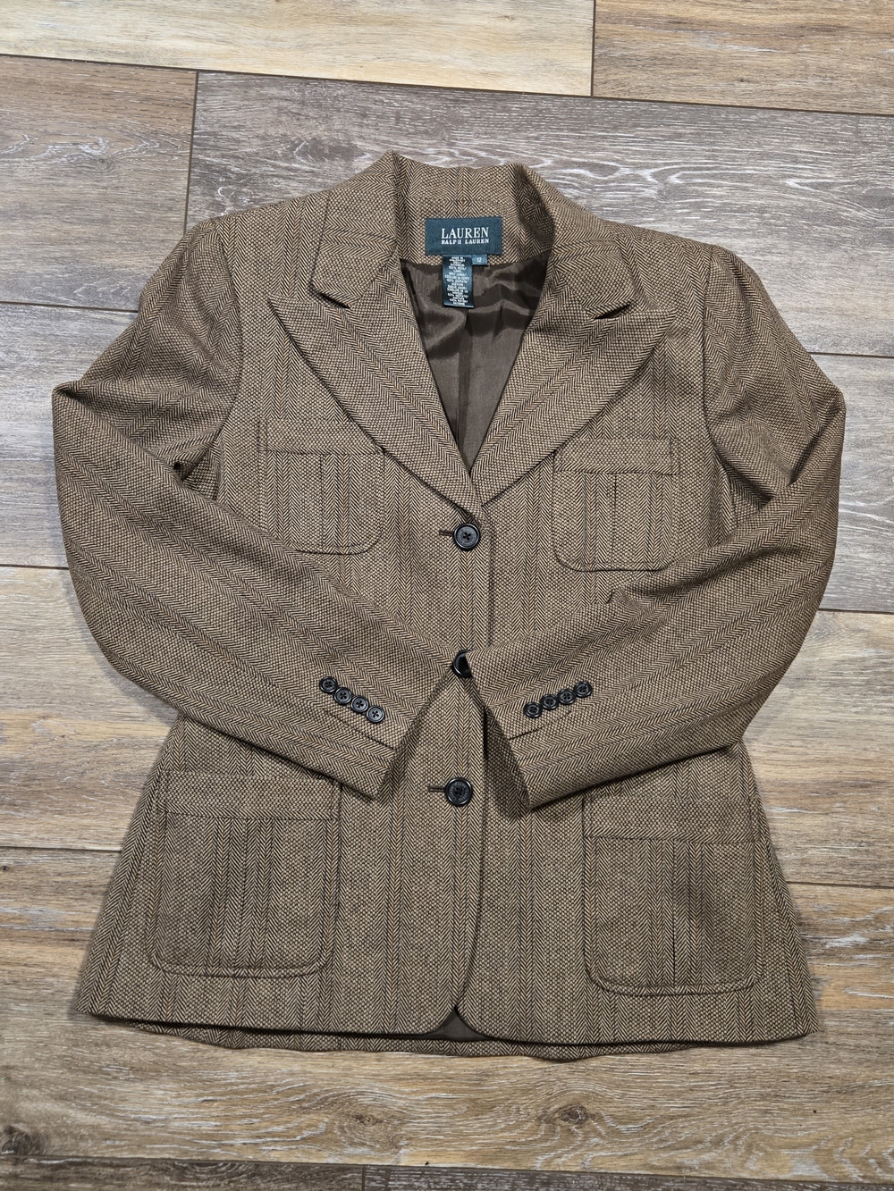 LAUREN Ralph Lauren Brown Herringbone 100% Wool Blazer Jacket Size 12